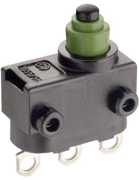 'A green push button on a black housing with three terminals and a surface marking.'