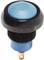 A round, blue push button with a black border and a connection pin on the underside, suitable for electrical switch applications.
