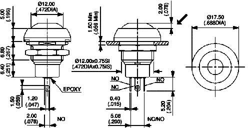 Technical drawing of a mechanical switch with dimensions in millimetres and inches. Shows top view and side view with size details.