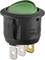 Round green rocker switch with three metal terminals, suitable for electrical devices.