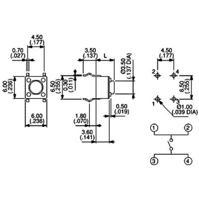 Technical drawing of a switch with dimensions in inches and millimetres. Left: Top view, Centre: Side view, Right: Switch symbol.