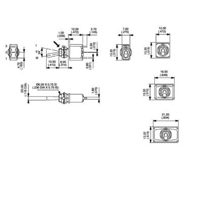 Technical drawing of a connector with dimensions in inches. Shows front, side, and top views. Includes detailed measurements of components.