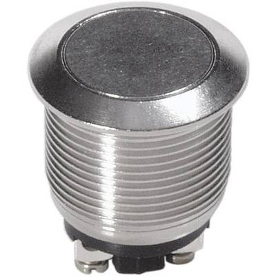 A round, silver metal button with a ridged surface and a flat head. The button is likely fixed to a device.