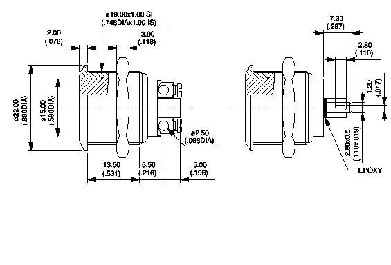 Technical drawing of a mechanical component with various dimensions and cross-sections. Shows details and measurements for assembly.