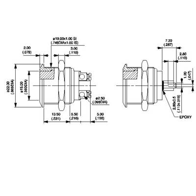 Technical drawing of a mechanical component with various dimensions and cross-sections. Shows details and measurements for assembly.