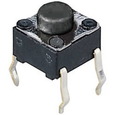 A small, rectangular push button with four metal legs, commonly used in electronic circuits for control purposes.