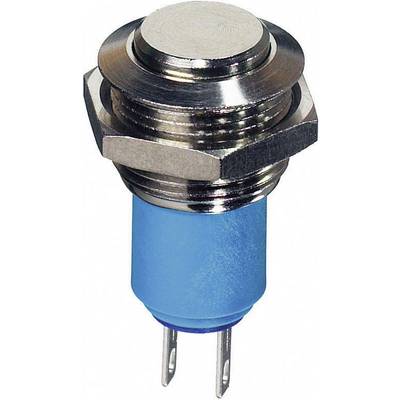 A metallic push button with a blue casing and two connection legs. Suitable for electronic applications and circuits.