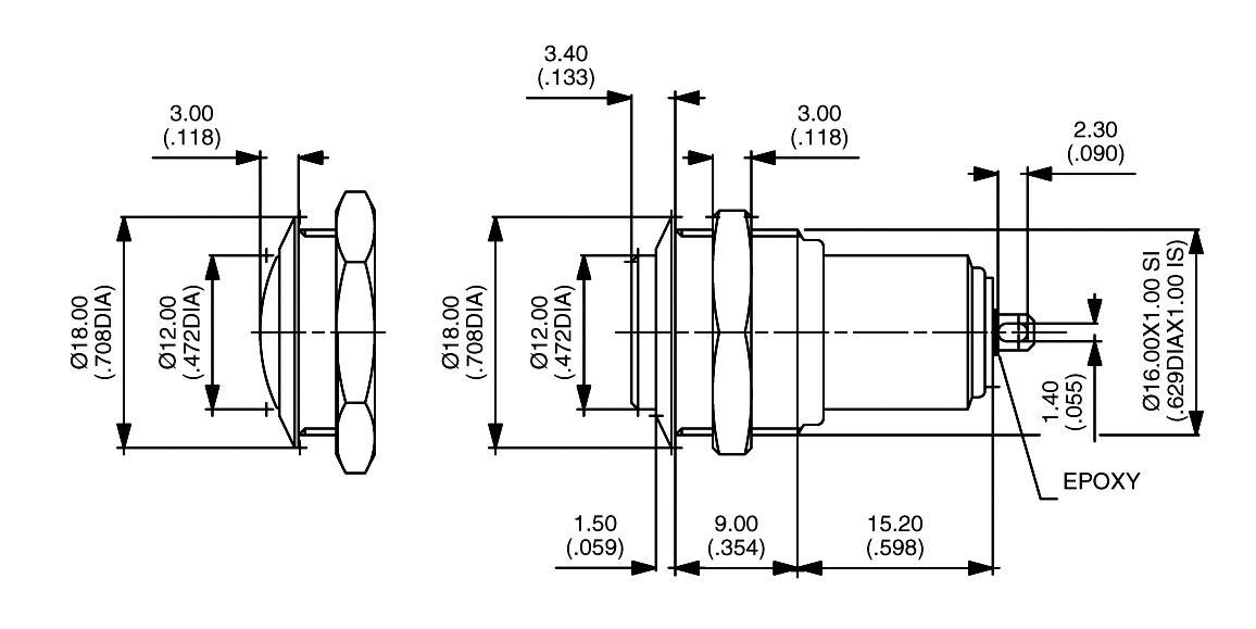 Technical drawing of a cylindrical component with dimensions in inches and millimetres, including diameter, height, and epoxy layer.