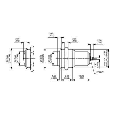 Technical drawing of a cylindrical component with dimensions in inches and millimetres, including diameter, height, and epoxy layer.