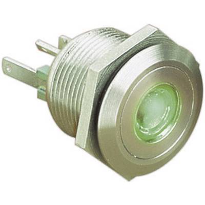 A round, silver metal switch with a green illuminated centre. Suitable for electrical devices, indicates operational status.