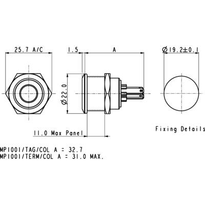 Technical drawing of a cylindrical connector with dimensions, top view and side view. Details of mounting and tolerances specified.