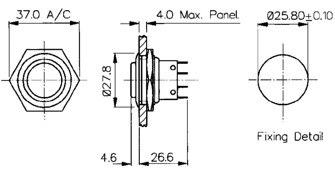 Technical drawing of a hexagonal connector with dimensional specifications. Main dimensions: width 37.0 mm, depth 26.6 mm, diameter 25.8 mm.