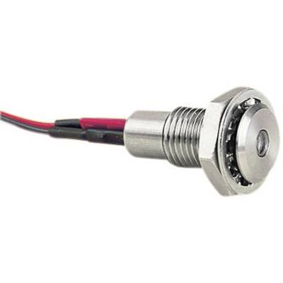 Metallic sensor with mounting nut and cable connection. Sensor points to the right, cables run to the left.