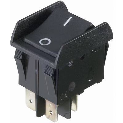 Black toggle switch with On/Off symbols, in the On position. Electronic component for electrical circuits.