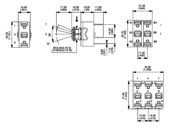 Technical drawing with dimensions of an electrical switch; shows front, side, and top views with detailed measurements in mm and inches.