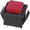 A red square push button with a black mounting, suitable for electronic circuits.