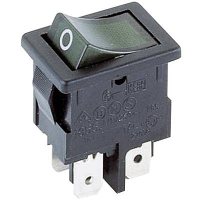A black toggle switch with a green switch positioned to 'O' for off. It has silver contacts and is designed for electronic devices.