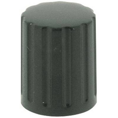 Black, ribbed rotary knob with cylindrical shape, suitable for electronic devices for fine-tuning functions.