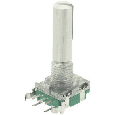 A silver encoder with a green housing and multiple metal connections, suitable for electronic devices for adjusting settings.
