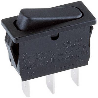 A black toggle switch with three metal pins at the lower end, suitable for electrical devices with a specific voltage/power rating.