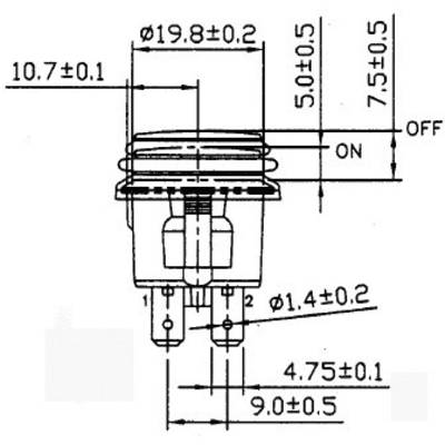 Technical drawing of a switch with dimension measurements in millimetres. Shows dimensions and switch positions 'ON' and 'OFF'.