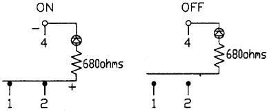 Circuit Diagram Comparison: On the left 'ON' showing a closed electrical circuit with a lamp and 680-ohm resistor. On the right 'OFF' showing an open circuit.