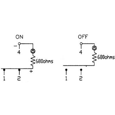 Circuit Diagram Comparison: On the left 'ON' showing a closed electrical circuit with a lamp and 680-ohm resistor. On the right 'OFF' showing an open circuit.