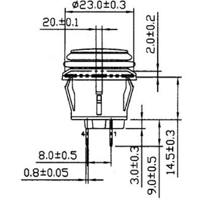 Technical drawing of an electrical plug. Dimensions and tolerances are specified, including diameter 23.0 ±0.3 and height 20.1.