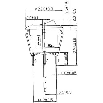 Technical drawing of an electrical component with dimensions in millimetres, sketch shows housing form, pin arrangement and certification mark.