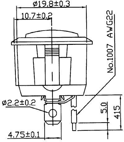 Technical drawing of an electrical switch with dimensions in millimetres. Shows wire size 'No.1007 AWG22', and various tolerance values.