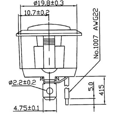 Technical drawing of an electrical switch with dimensions in millimetres. Shows wire size 'No.1007 AWG22', and various tolerance values.