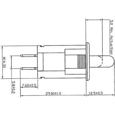 Technical drawing of a pressure switch with dimensions: Length 29 mm, Width 14.3 mm, minimum activation 5 mm.