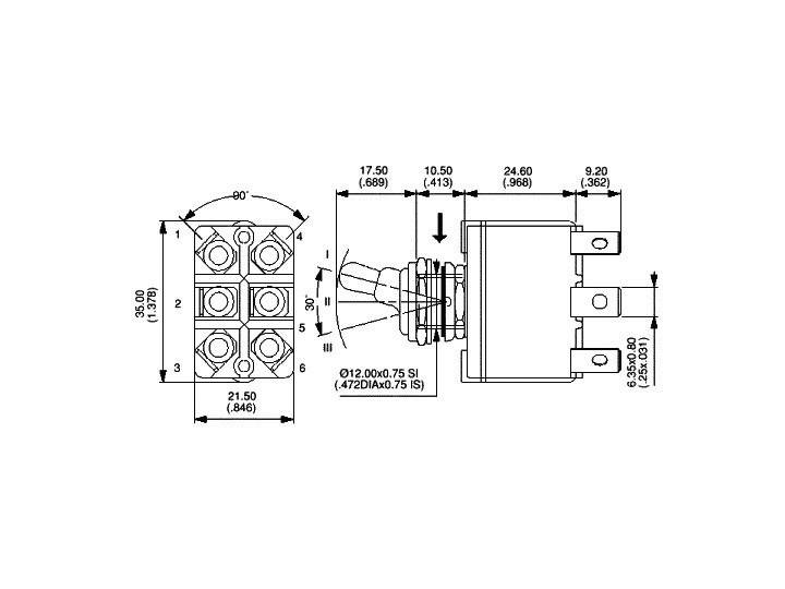 Diagram of an electrical switch with dimensions in millimetres. Shows top view and side view with detailed measurements.