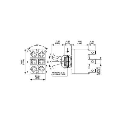 Diagram of an electrical switch with dimensions in millimetres. Shows top view and side view with detailed measurements.