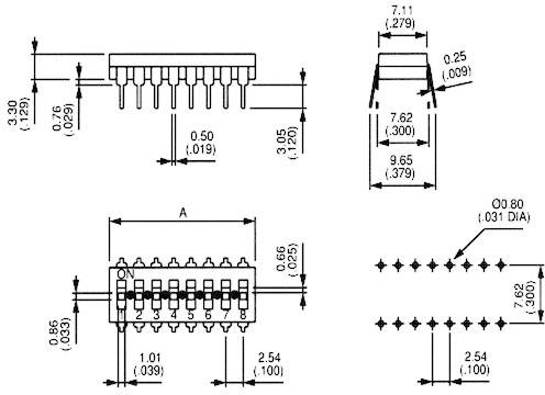 'Dimensions of an electronic IC in top view, side view and dimensional specifications in inches and millimetres, with pin arrangement.'
