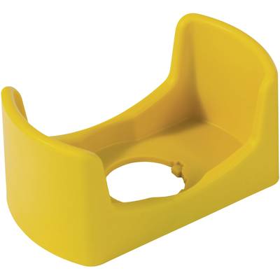Yellow plastic accessory, possibly a holder or protective cover, with a circular opening in the centre.