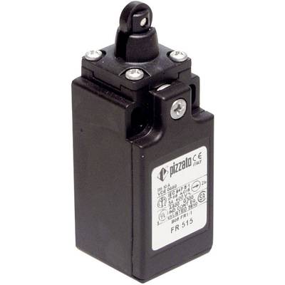 A black limit switch by Pizzato with a white label, manufacturer information, and technical data, suitable for electrical controls.