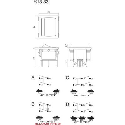 'R13-33 Toggle Switch Technical Drawing. Shows dimensions, connection diagrams for 4P DPST, 4P DPST illuminated, 6P DPDT.'