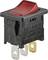 A red toggle switch with a black housing and three metal terminals, suitable for electrical applications at 12V DC.