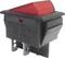 A red toggle switch with a black casing. Technical specifications such as voltage and current are printed on the front face.