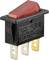 A red rocker switch with a black base, suitable for 16 A, 125/250 V AC. Three copper terminals underneath.
