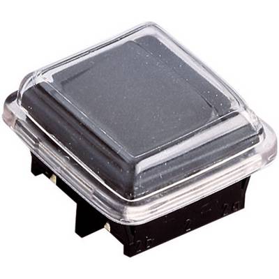 A black, square push button with a transparent protective cover, suitable for electronic devices.