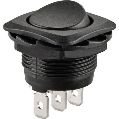 Black toggle switch with three metal terminals, top view. Used for electrical control in electronic devices.