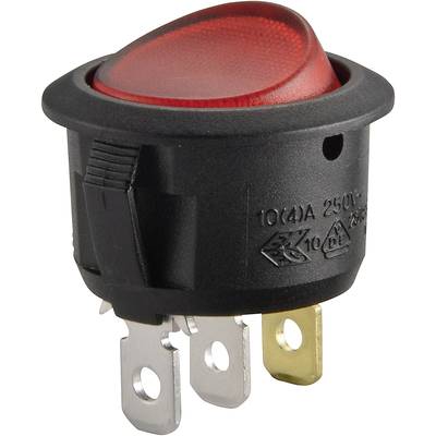 Red round toggle switch with black casing, three metal contacts underneath. Suitable for electrical devices.