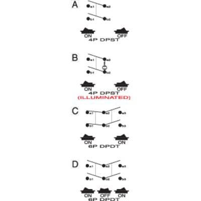 Diagram with four circuit diagrams: A and B show 4P DPST (On/Off), C shows 6P DPDT (On/On), D shows 6P DPDT (On/Off/On).