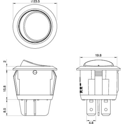 Technical drawing of a round switch with dimensions: Diameter 23.5 mm, Height 15.8 mm, Width 19.8 mm, Depth 4.8 mm.