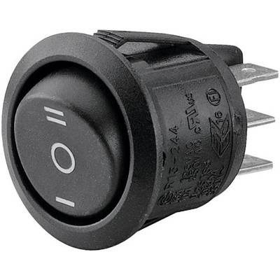 A round, black rocker switch with 'On' and 'Off' symbols, suitable for installation in electronic devices.