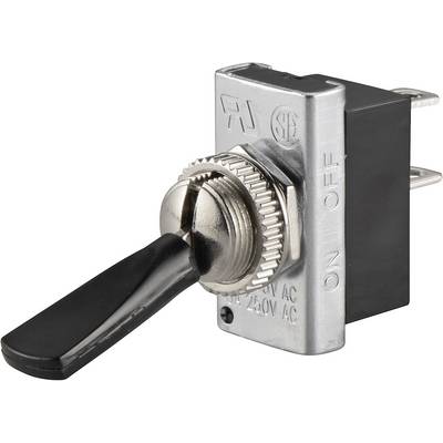 Metal toggle switch, positioned to 'ON', with black lever and two plug contacts.
