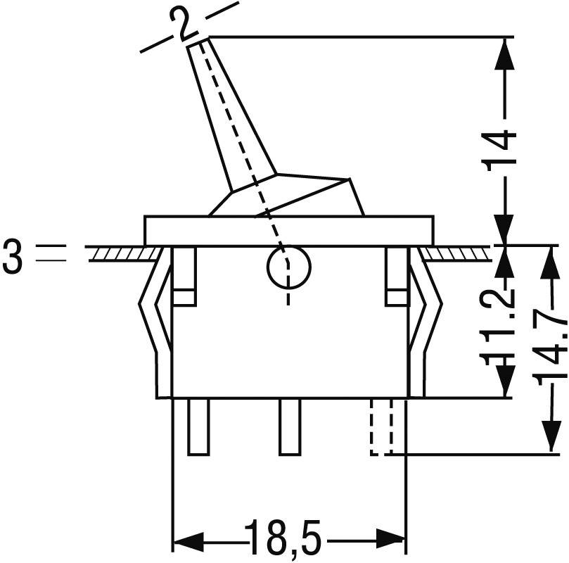 Technical drawing of a toggle switch with dimensions: 18.5 mm width, 14.7 mm and 11.2 mm height specifications. Shows side view.