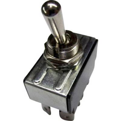 A metal toggle switch with three contacts, fixed in the 'On' position. Suitable for electrical circuits.